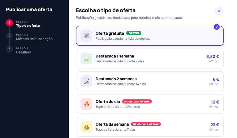 O assistente de publicação de vagas da Jober - a escolher o tipo de vaga
